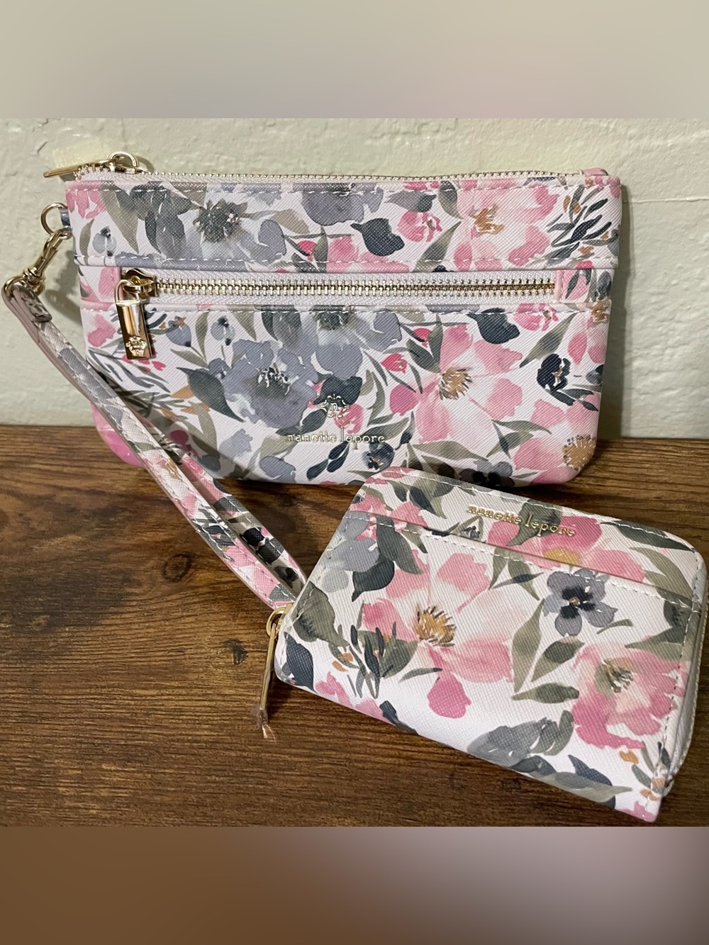 Nanette lepore Pink, green & White Floral Wristlet and Card Case wallet Set